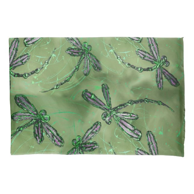 Purple Winged Dragonflies on Soft Lime Green Pillowcase (Front)