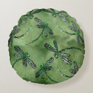 Purple Winged Dragonflies on Soft Lime Green Round Cushion