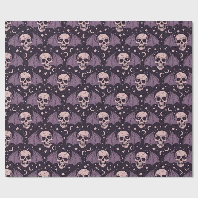 Purple Winged Skulls Celestial Moon Pattern Wrapping Paper (Flat)