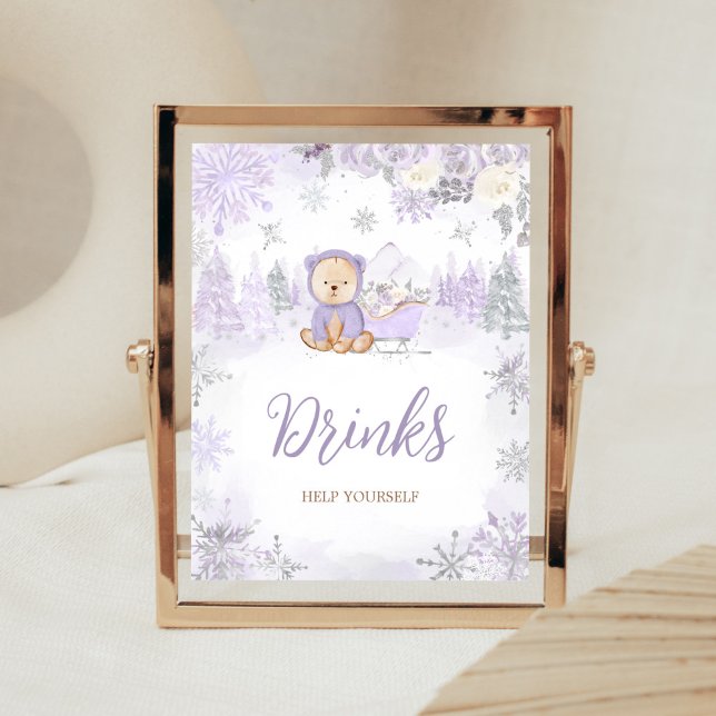 Purple Winter Bear Baby Shower Drinks Poster (Purple Teddy Bear Baby Shower Drinks Sign)