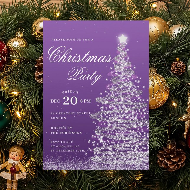 Purple Winter Christmas Tree Holiday Party  Invitation (Purple Winter Christmas Tree Holiday Party Invitation)