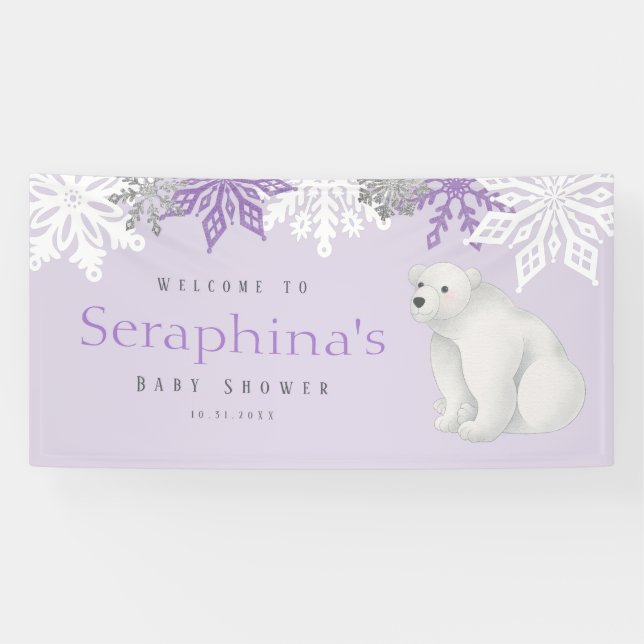 Purple Winter Polar Bear Baby Shower  Banner (Horizontal)