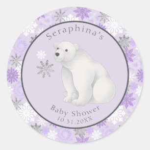 Purple Winter Polar Bear Baby Shower Classic Round Sticker