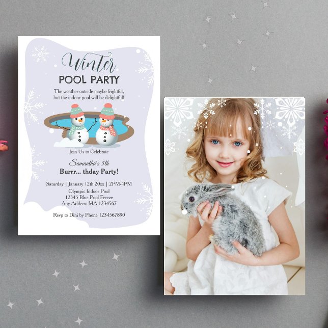 Purple Winter Pool Birthday Party Photo Invitation (Photo Invitation)