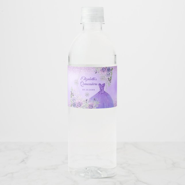 Purple Winter Snowflake Quinceañera Water Bottle Label (Front)