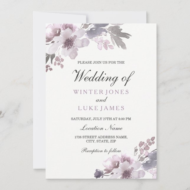 Purple Winter Watercolor Floral Wedding Invitation (Front)