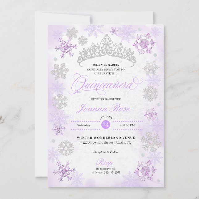 Purple Winter Wonderland Snowflake Quinceanera Invitation (Front)