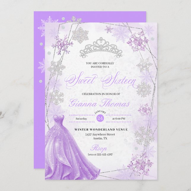 Purple Winter Wonderland Snowflake Sweet 16 Invitation (Front/Back)