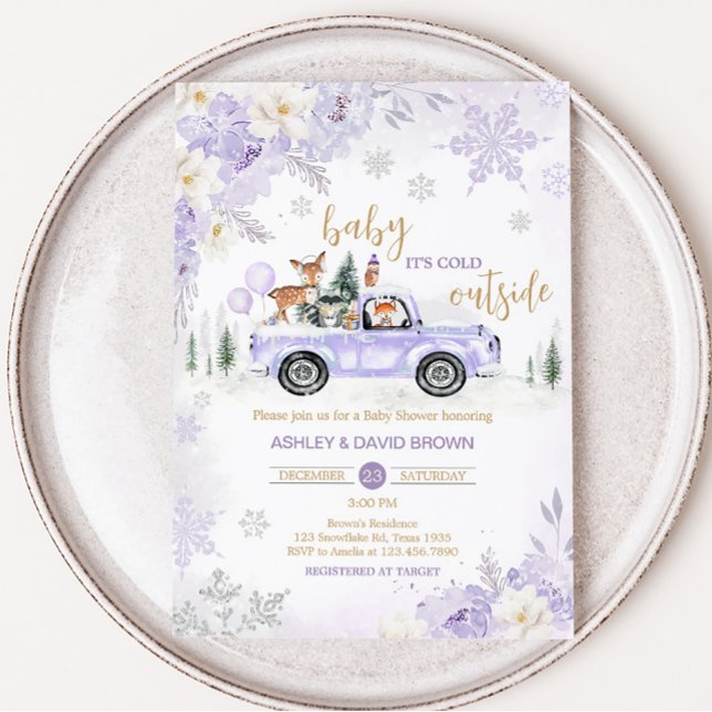 Purple Winter Woodland Baby Shower  Invitation (Girl Baby It's Cold Outside Baby Shower Invitation)