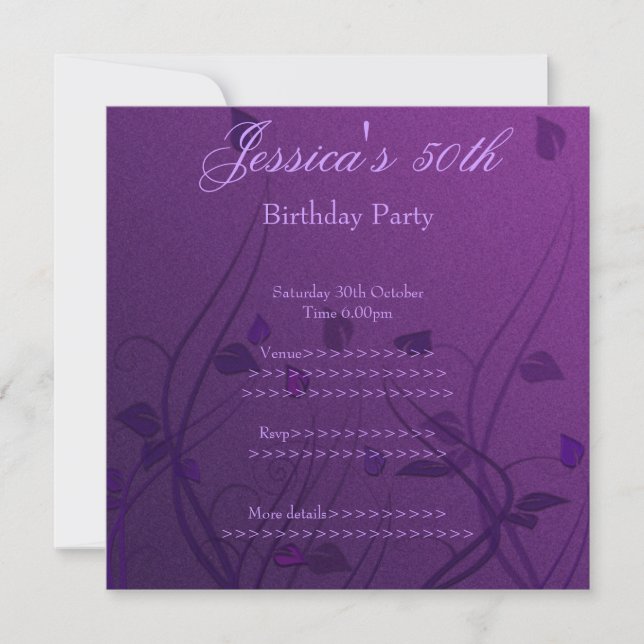 Purple Wispy Leaf Floral 50th Birthday Invitation (Front)