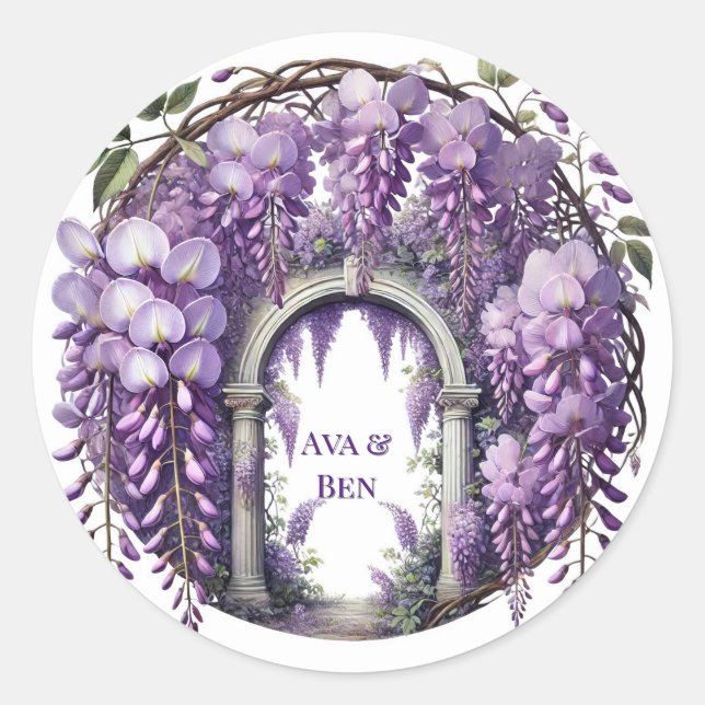 Purple Wisteria Arch Wedding Classic Round Sticker (Front)