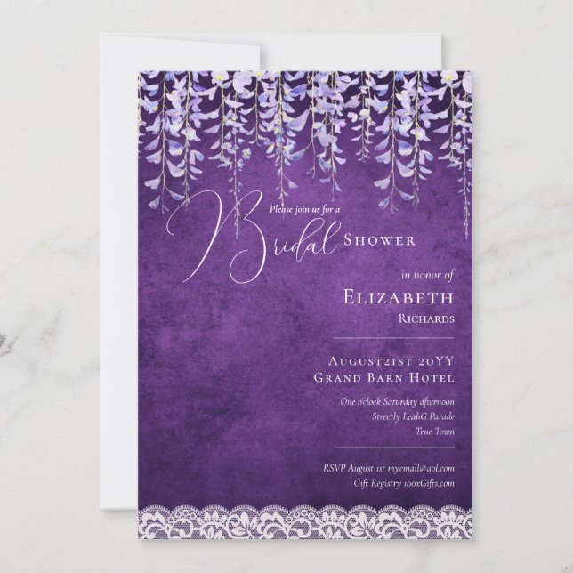 Purple Wisteria Bridal Shower Print or Digital Inv Invitation (Front)