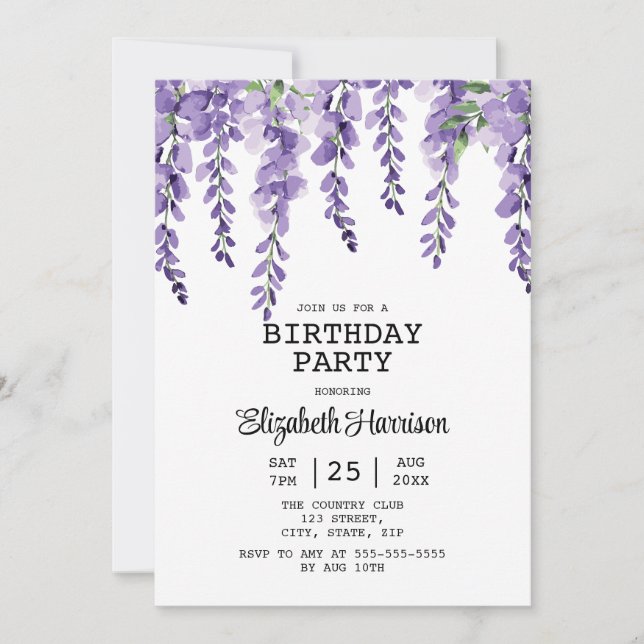 Purple Wisteria Floral Greenery 50th Birthday  Invitation (Front)