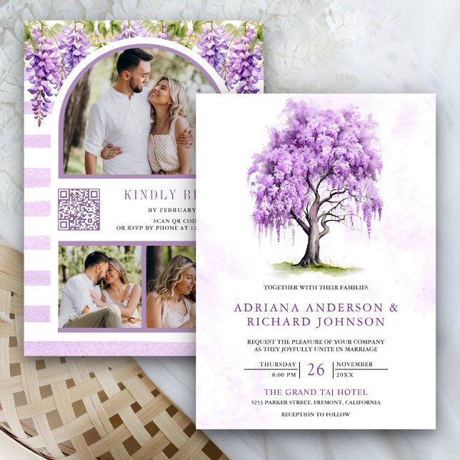 Purple Wisteria Floral Tree Photo QR Code Wedding Invitation (Creator Uploaded)