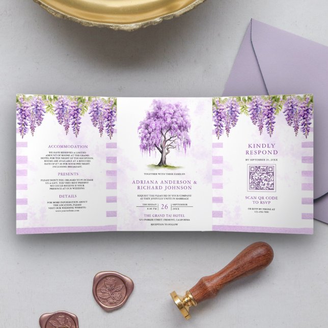 Purple Wisteria Floral Tree Photo QR Code Wedding Tri-Fold Invitation (Creator Uploaded)