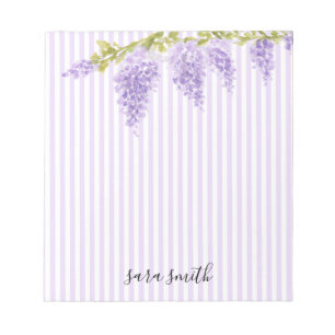 Purple Wisteria Flower Custom Name Stripe Notepad