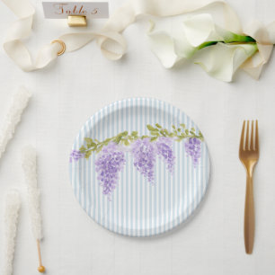 Purple Wisteria Flower Custom Wedding Blue Stripe Paper Plate