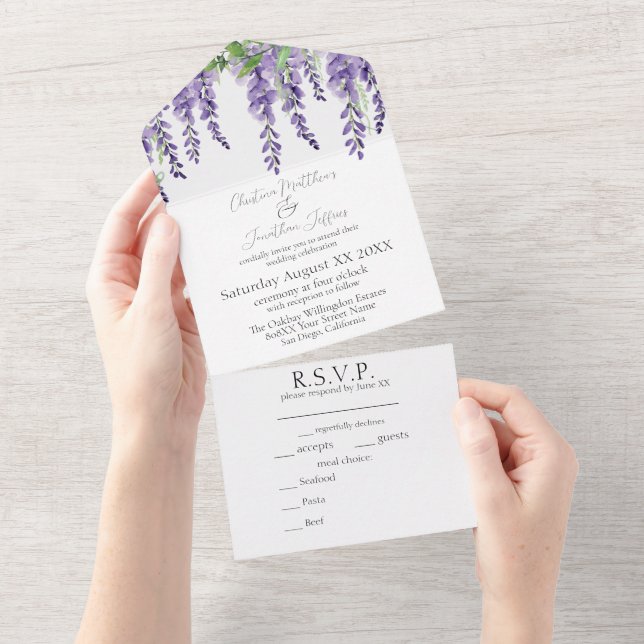 Purple Wisteria Flowers on White Elegant All In One Invitation (Tearaway)