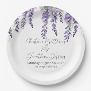 Purple Wisteria Flowers on White Elegant Paper Plate