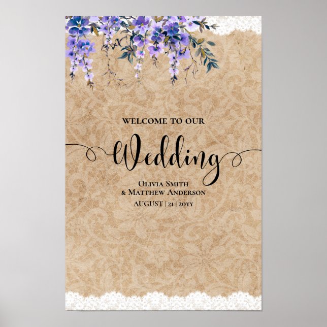 Purple Wisteria Flowers Wedding Welcome Sign Lace (Front)