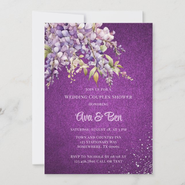 Purple Wisteria Glitter Wedding Couples Shower Invitation (Front)