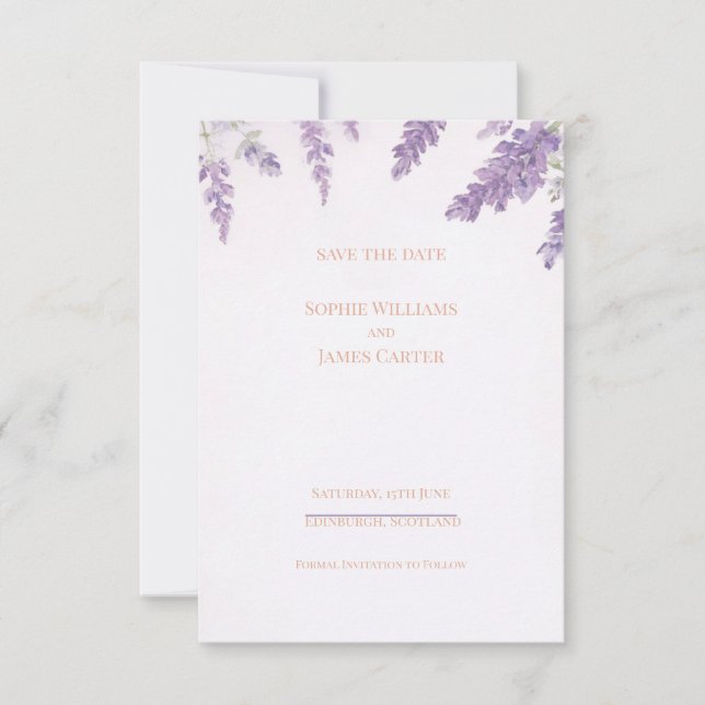 Purple Wisteria Lavender Scottish Wedding Save The Date (Front)