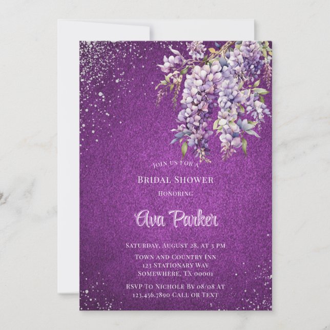 Purple Wisteria Silver Glitter Bridal Shower Invitation (Front)