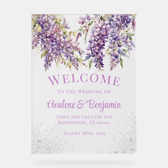 Purple Wisteria Silver Glitter Wedding Welcome Acrylic Sign (Front)