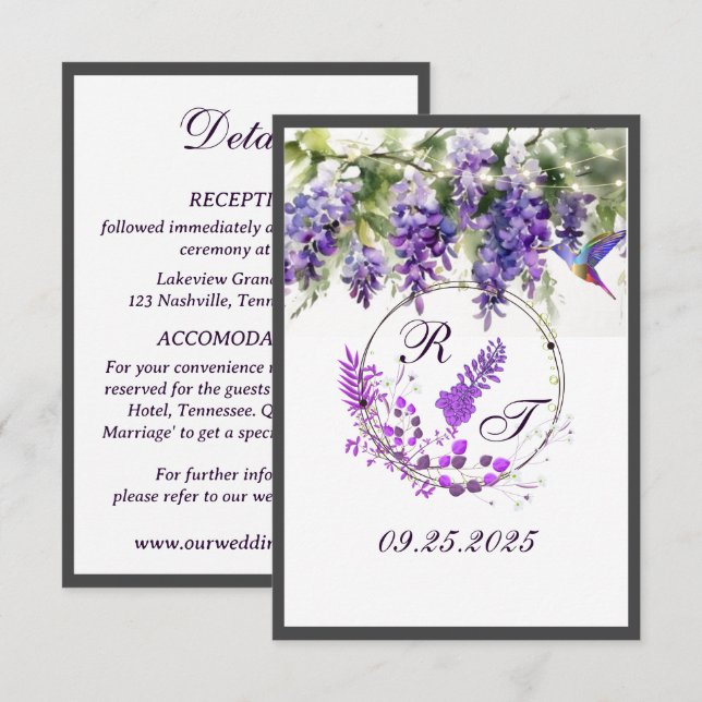 Purple Wisteria Themed Wedding Enclosure Card (Front/Back)