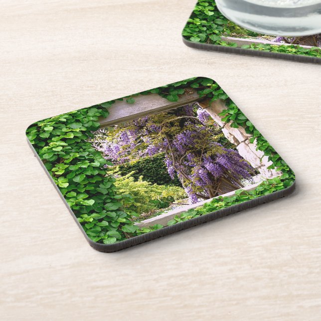 "PURPLE WISTERIA THROUGH VINE COVERED WINDOW" COASTER (Left Side)
