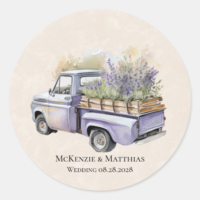 Purple Wisteria Vintage Truck Wedding Classic Round Sticker (Front)