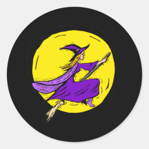Purple witch across moon classic round sticker