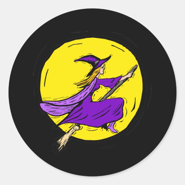 Purple witch across moon classic round sticker (Front)