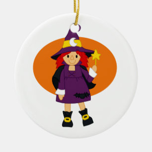 Purple witch cartoon orange behind ceramic tree decoration
