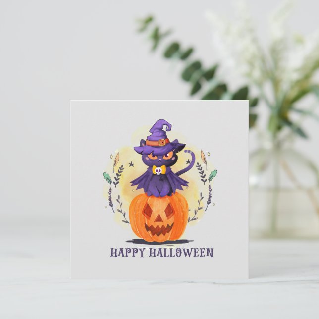 Purple Witch Cat on Pumpkin – Happy Halloween (Standing Front)