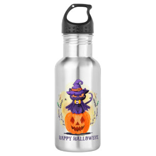 Purple Witch Cat on Pumpkin – Happy Halloween 532 Ml Water Bottle