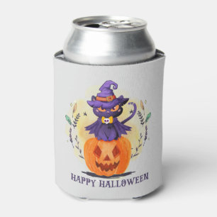 Purple Witch Cat on Pumpkin – Happy Halloween Can Cooler