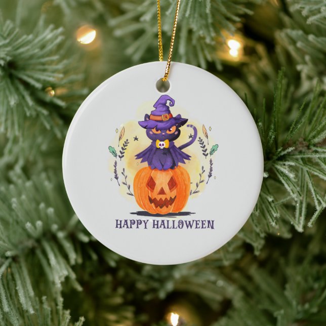 Purple Witch Cat on Pumpkin – Happy Halloween Ceramic Tree Decoration (Tree)