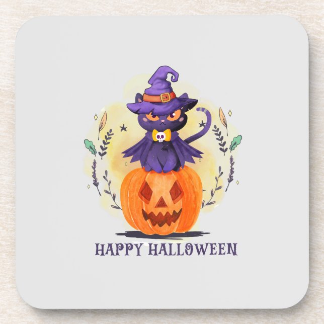 Purple Witch Cat on Pumpkin – Happy Halloween Coaster (Front)