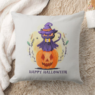 Purple Witch Cat on Pumpkin – Happy Halloween Cushion