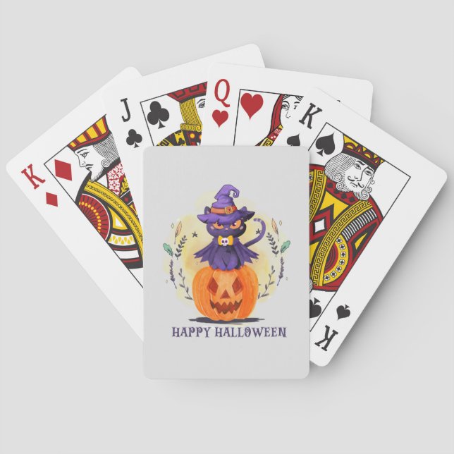 Purple Witch Cat on Pumpkin – Happy Halloween Playing Cards (Back)