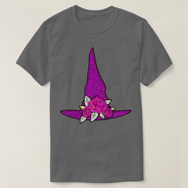 Purple Witch Hat Fancy Leopard Animal Print Roses  T-Shirt (Design Front)