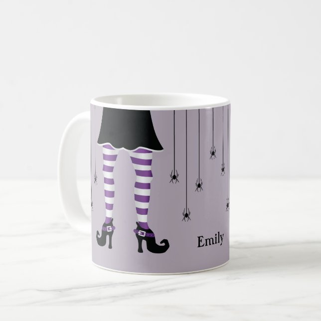 Purple Witch Legs And Spiders With Name Halloween Coffee Mug (Front Left)