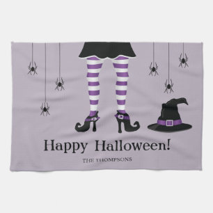 Purple Witch Legs With A Hat And Spiders Halloween Tea Towel