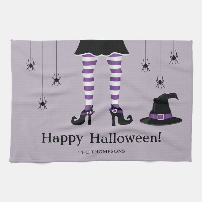 Purple Witch Legs With A Hat And Spiders Halloween Tea Towel (Horizontal)