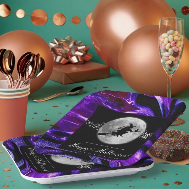 Purple Witch Silhouette Halloween Paper Plate (Multi)
