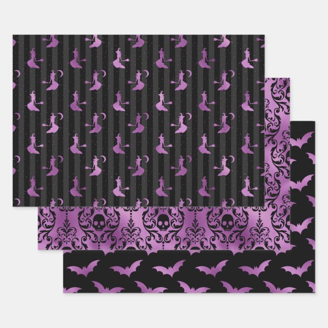 Purple Witch, Skull and Bat Halloween Patterns Wrapping Paper Sheet (Set)