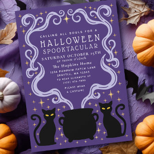 Purple Witchy Black Cat Cauldron Halloween Party Invitation