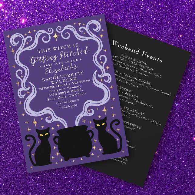 Purple Witchy Getting Hitched Bachelorette Weekend Invitation (Creator Uploaded)
