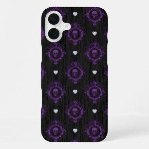 PURPLE WITH BLACK GOTHIC HALLOWEEN SKULLS iPhone 16 PLUS CASE